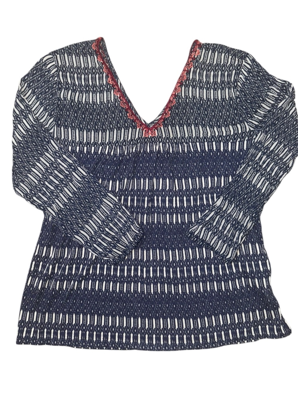 Lucky Brand Women’s Medium Blue White Print V-Neck 3/4 Sleeve Boho Top